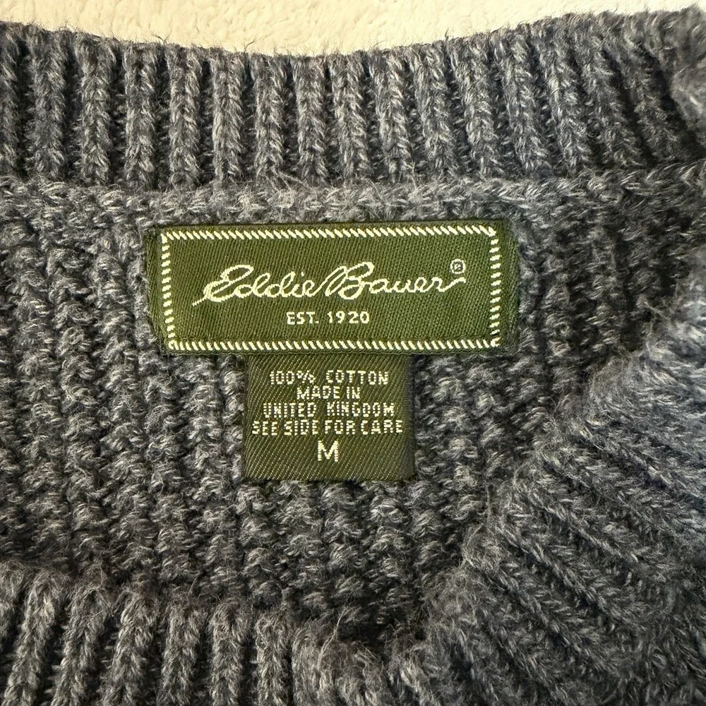 Eddie Bauer Mens Blue Grey Cotton Chunky Knit Crewneck Fisherman Sweater Sz M - Picture 4 of 9